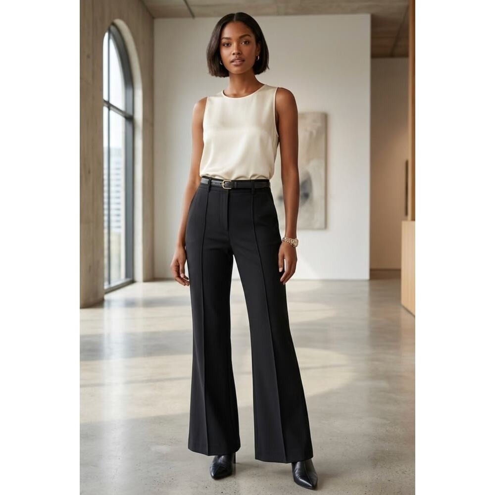 Gracia Black Wide Leg Trousers Front Seam Flare Dress Pants P31798 Size L EUC